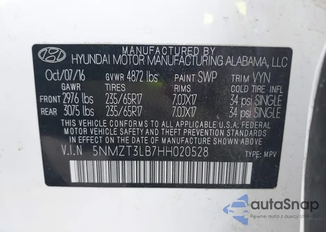 2017 Hyundai Santa Fe Sport from USA, damaged, VIN 5NMZT3LB7HH020528
